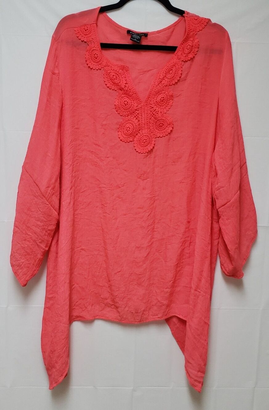Womens Robert Louis Embroidered Orange Lagenlook Blouse Flare Sleeves Sz XL NWOT